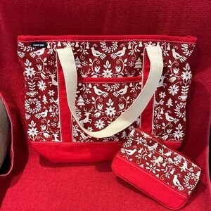 Lands' End Christmas Print Red and Cream Bird Pattern Tote & Clutch